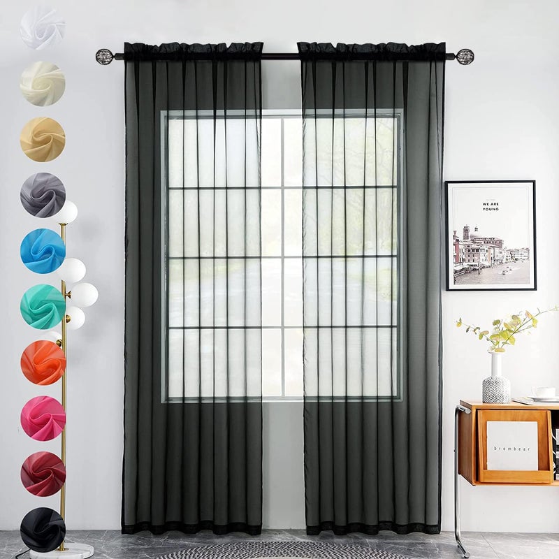 youleyar Solid Sheer Rod Pocket Curtain Voile Draperies 2 Panels White Beige Black Grey Coffee 52 Inch Width 45 Inch Long 1 Pair for Kitchen Bedroom Children Living Room Yard(Black,52Wx45L) - Image 2